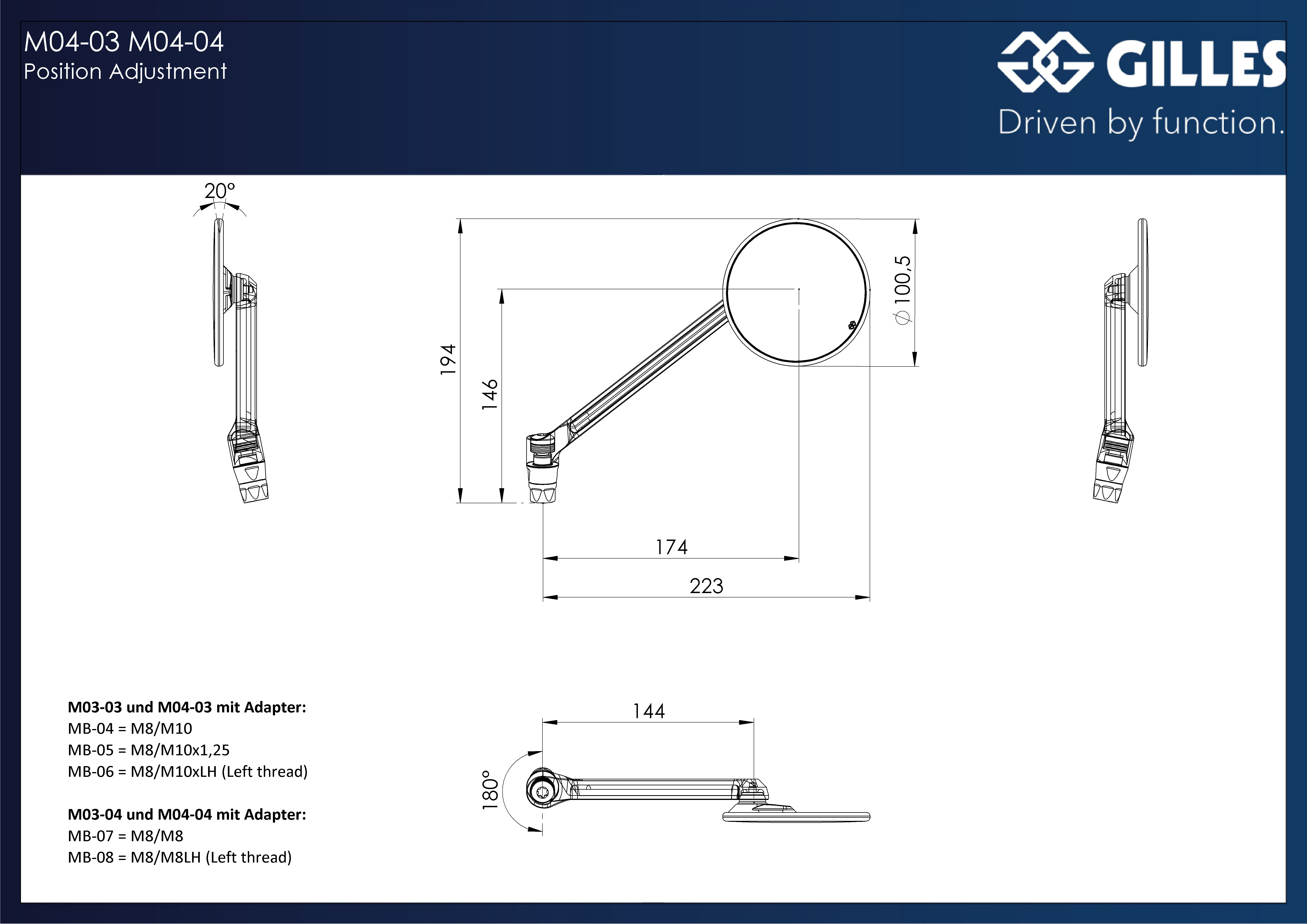 MOON dashboard mirror right round black matt