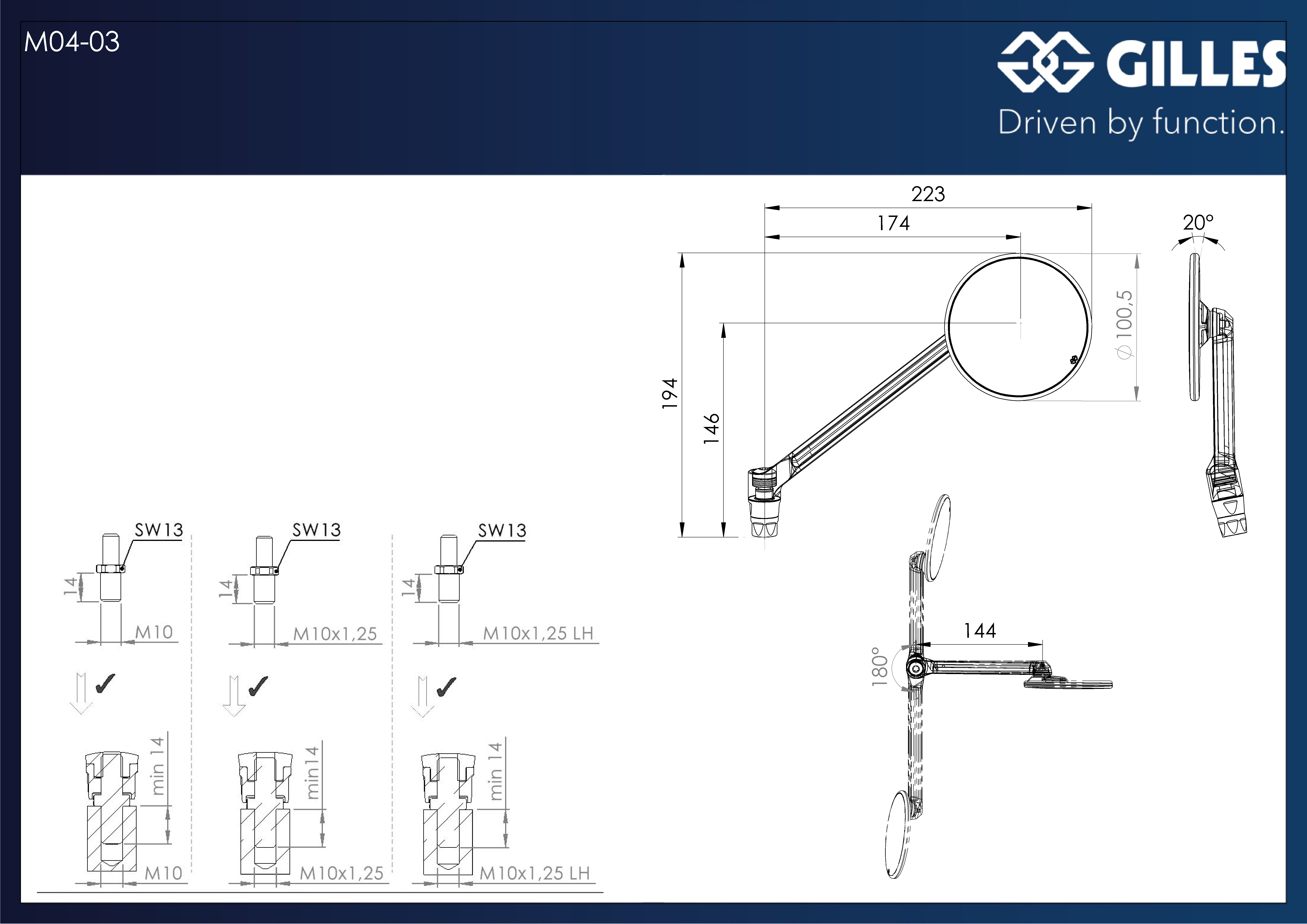MOON dashboard mirror right round black matt